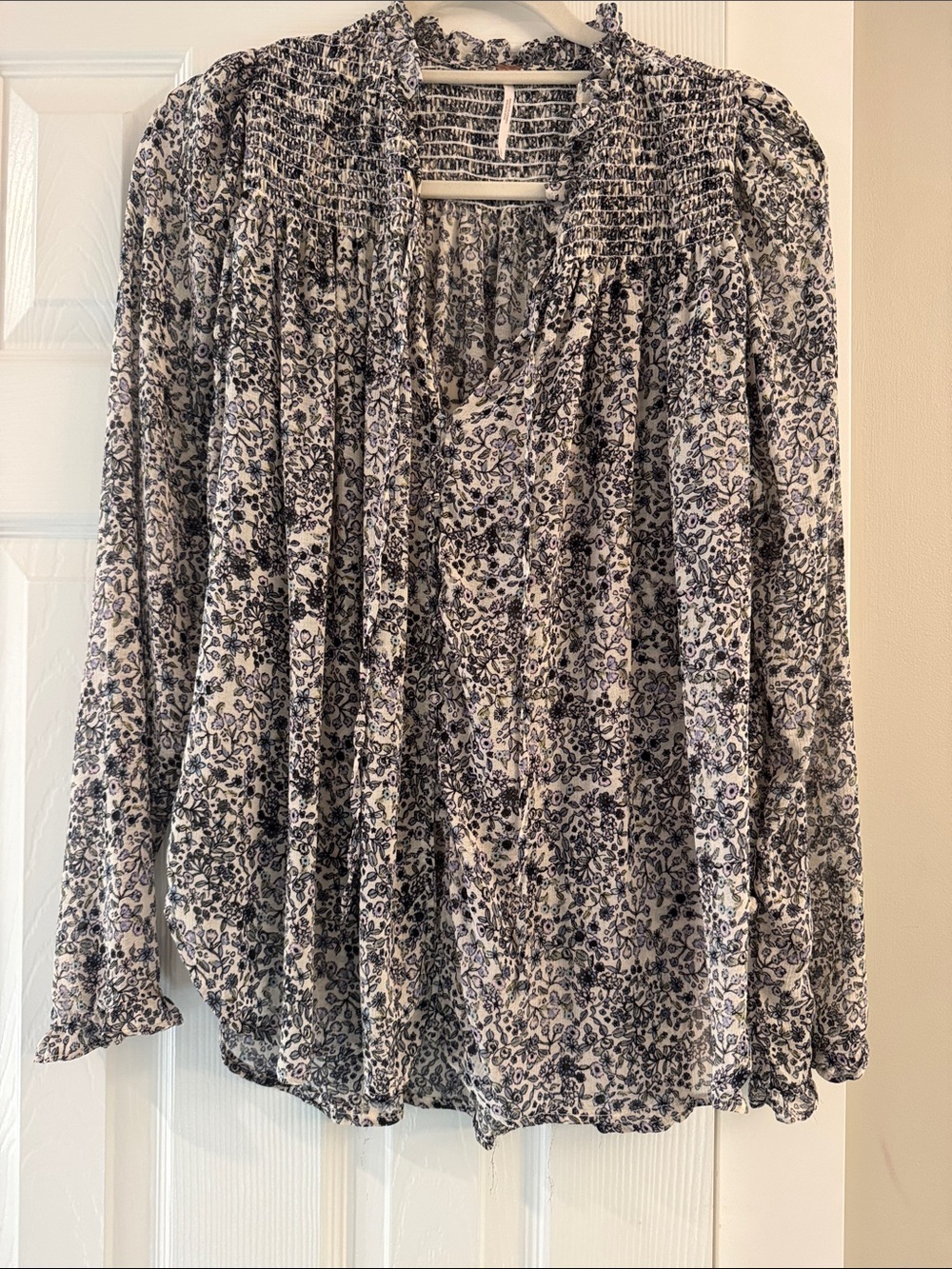 Free People Navy and White Floral Smocked Yoke Blouse